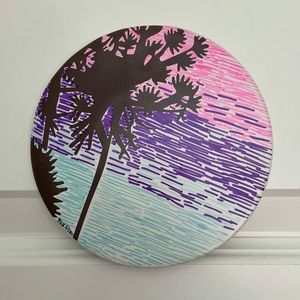 🎉🌈 HAND PAINTED Circular Tile, Tree Silhouette w Pink Blue Purple✨